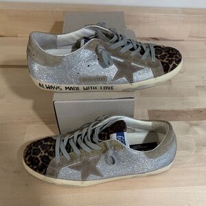 EUC Golden Goose SuperStar Silver and Leopard Print Sneakers.
